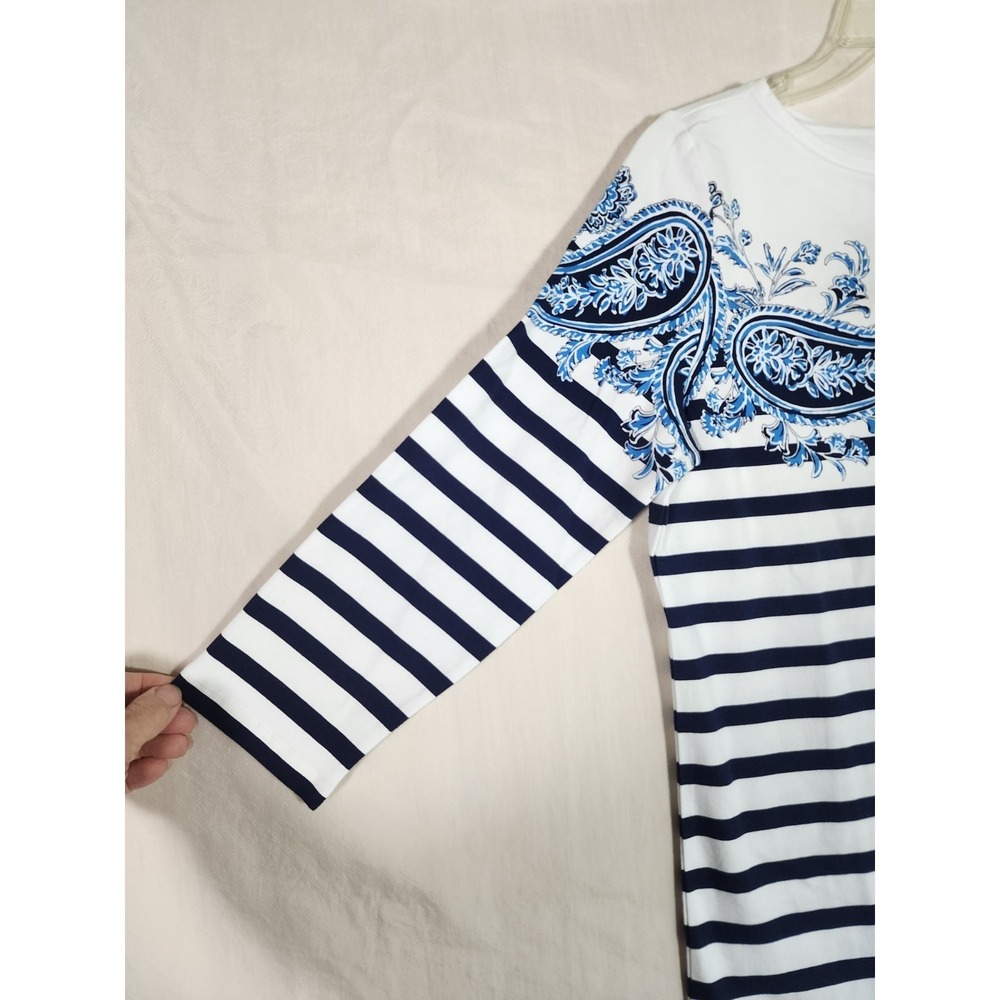 Talbots NWT Petite Medium Navy White Striped Paisley Top Resort Coastal Nautical - Picture 6 of 7